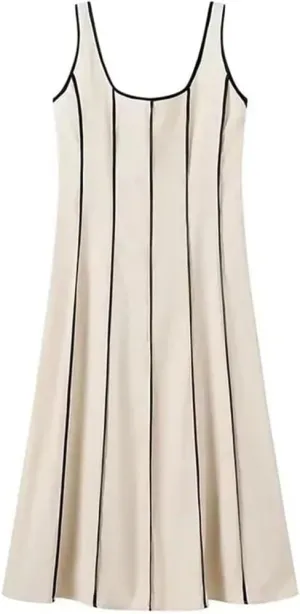 Women's French Vintage Summer Dress Striped Halter Backless Sleeveless Midi Casual Beach Party Dress