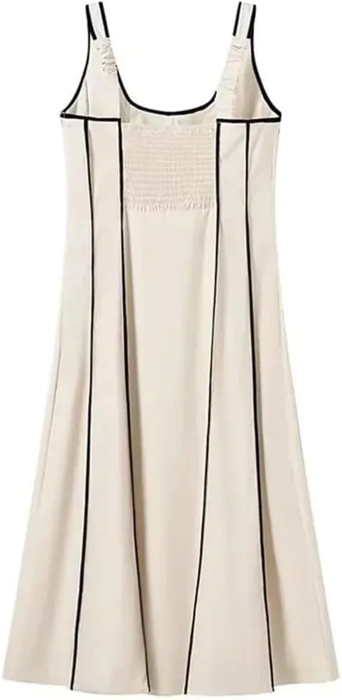 Women's French Vintage Summer Dress Striped Halter Backless Sleeveless Midi Casual Beach Party Dress