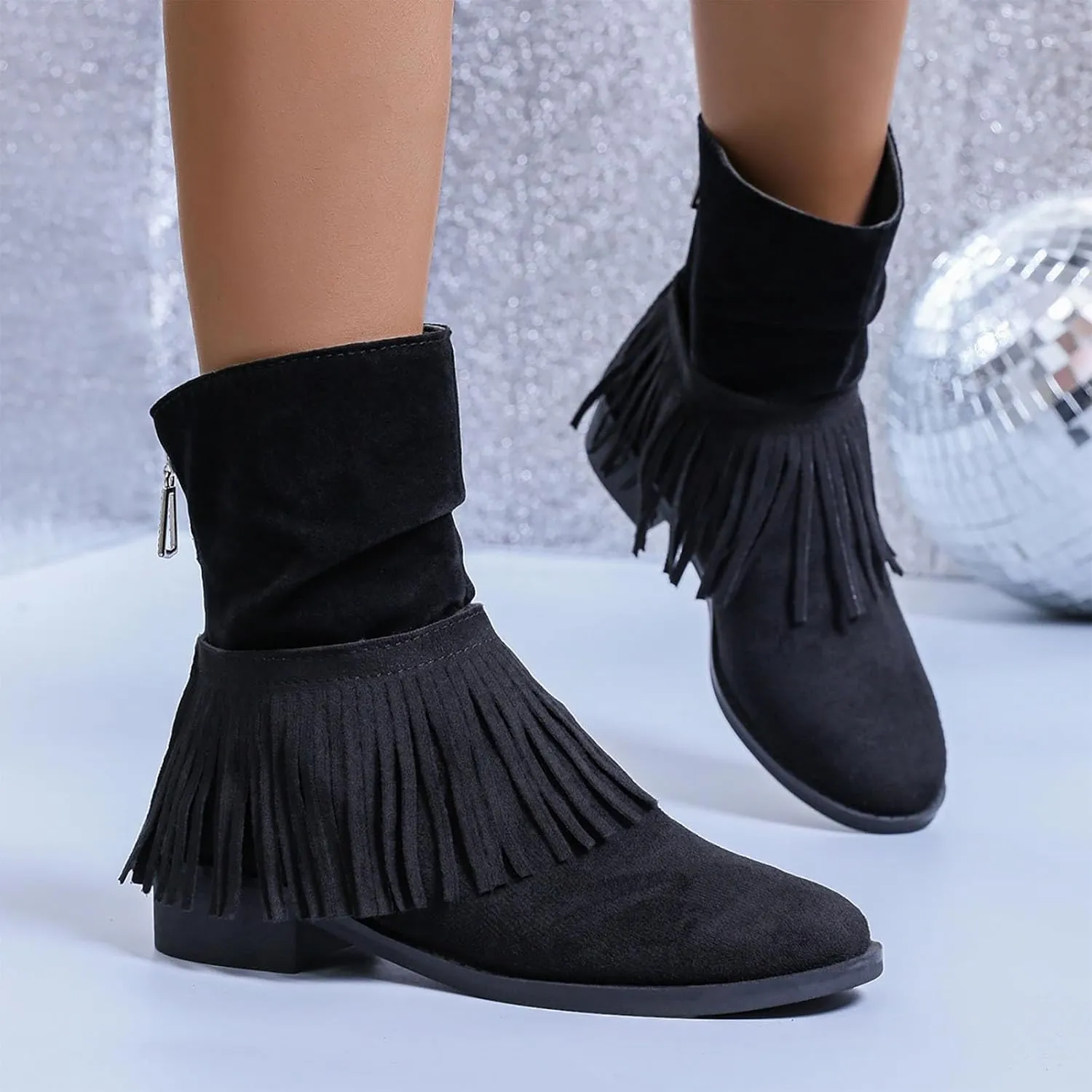 Women's Fringe Boot Slouch Boots Moccasin Ankle Boots Vintage Western Boots Flats Cowboy Boots Round Toe Slip On Boot