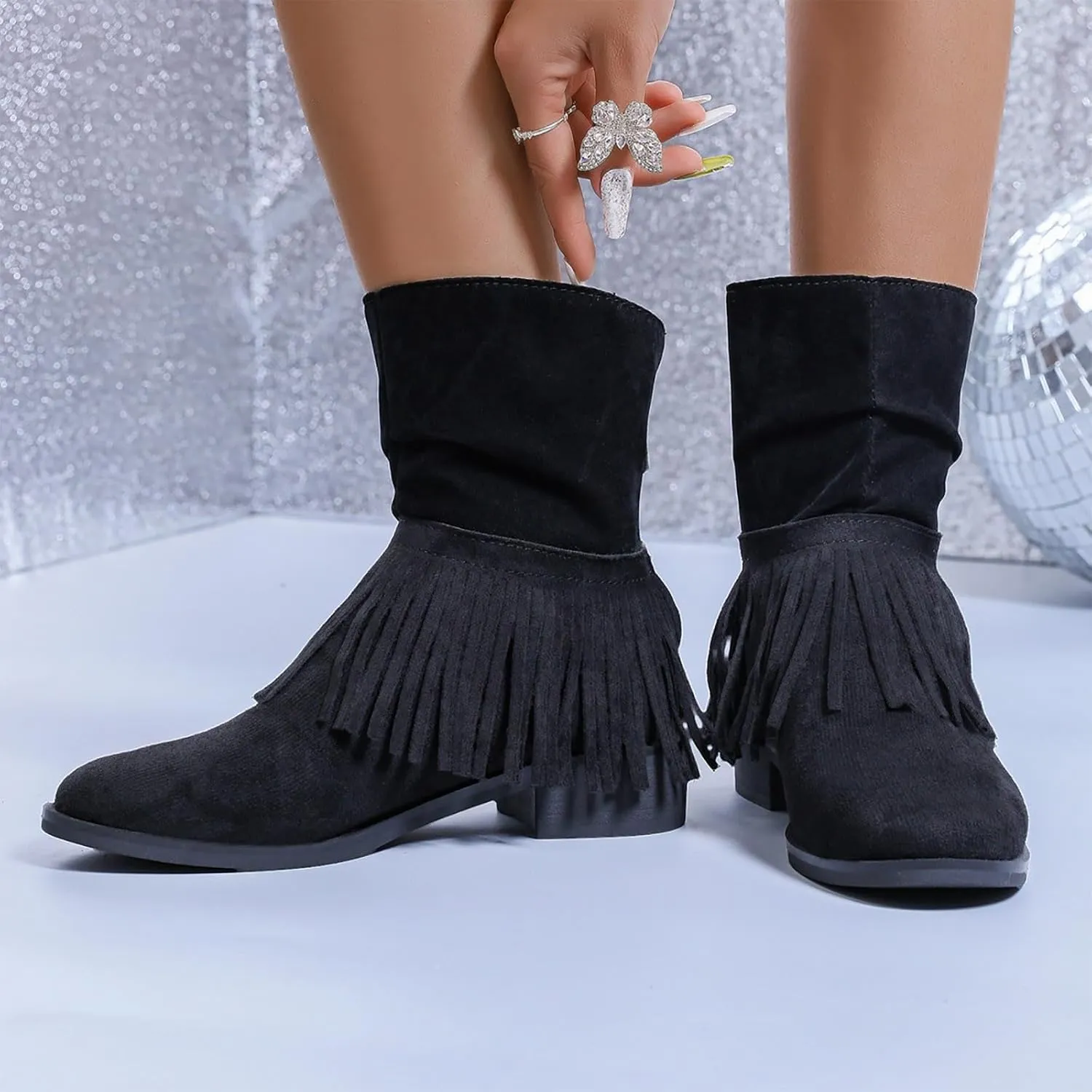 Women's Fringe Boot Slouch Boots Moccasin Ankle Boots Vintage Western Boots Flats Cowboy Boots Round Toe Slip On Boot