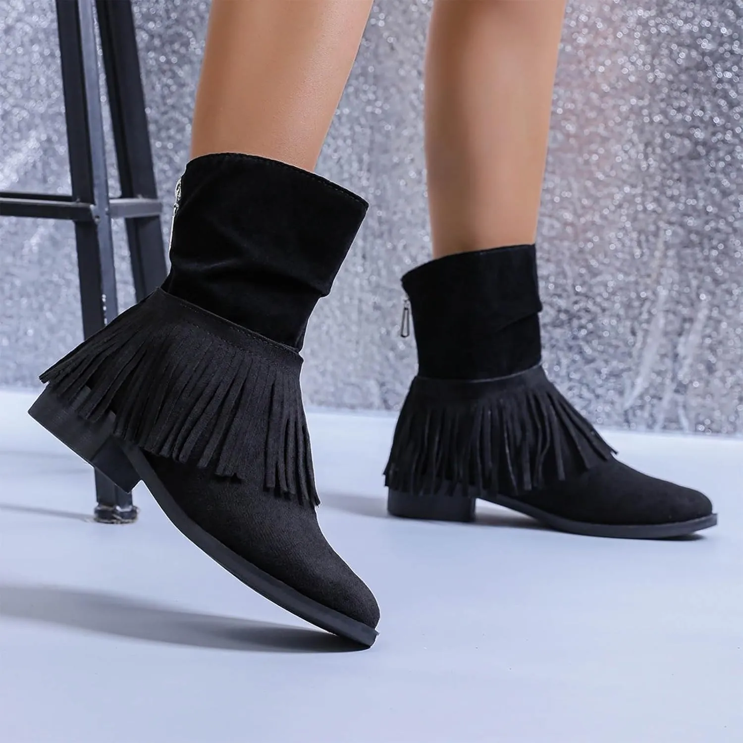 Women's Fringe Boot Slouch Boots Moccasin Ankle Boots Vintage Western Boots Flats Cowboy Boots Round Toe Slip On Boot
