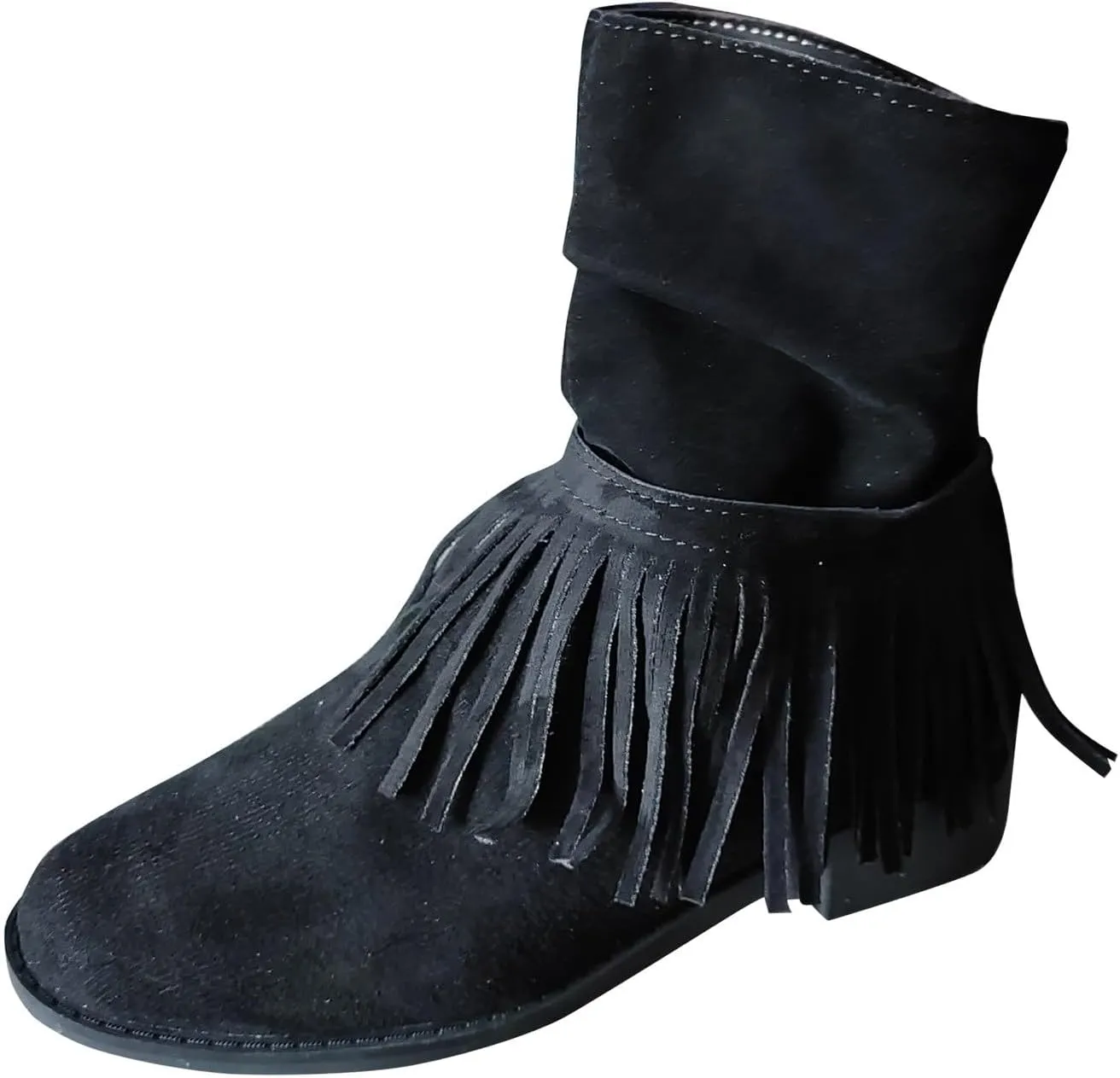 Women's Fringe Boot Slouch Boots Moccasin Ankle Boots Vintage Western Boots Flats Cowboy Boots Round Toe Slip On Boot