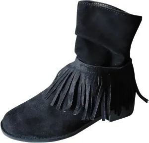 Women's Fringe Boot Slouch Boots Moccasin Ankle Boots Vintage Western Boots Flats Cowboy Boots Round Toe Slip On Boot