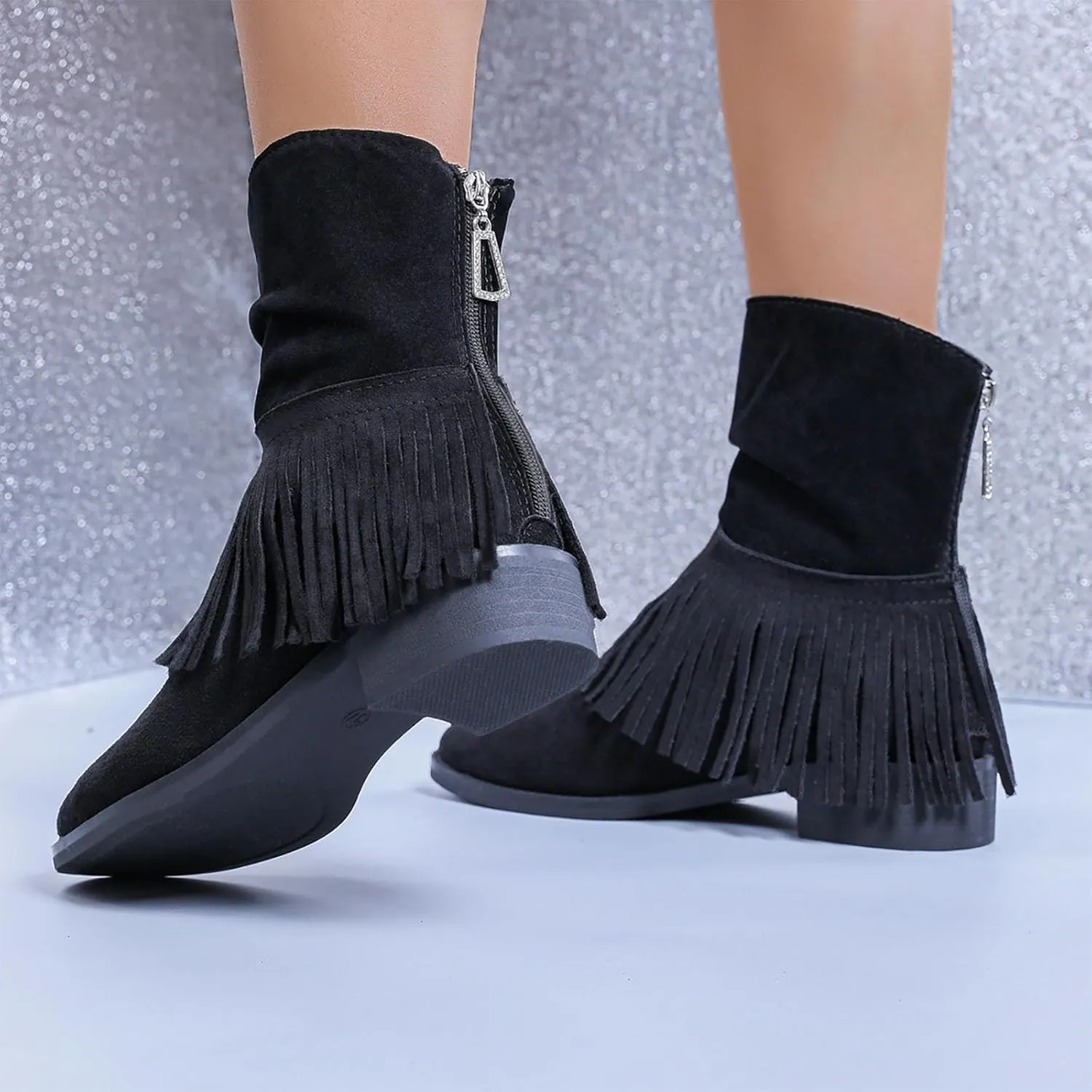 Women's Fringe Boot Slouch Boots Moccasin Ankle Boots Vintage Western Boots Flats Cowboy Boots Round Toe Slip On Boot