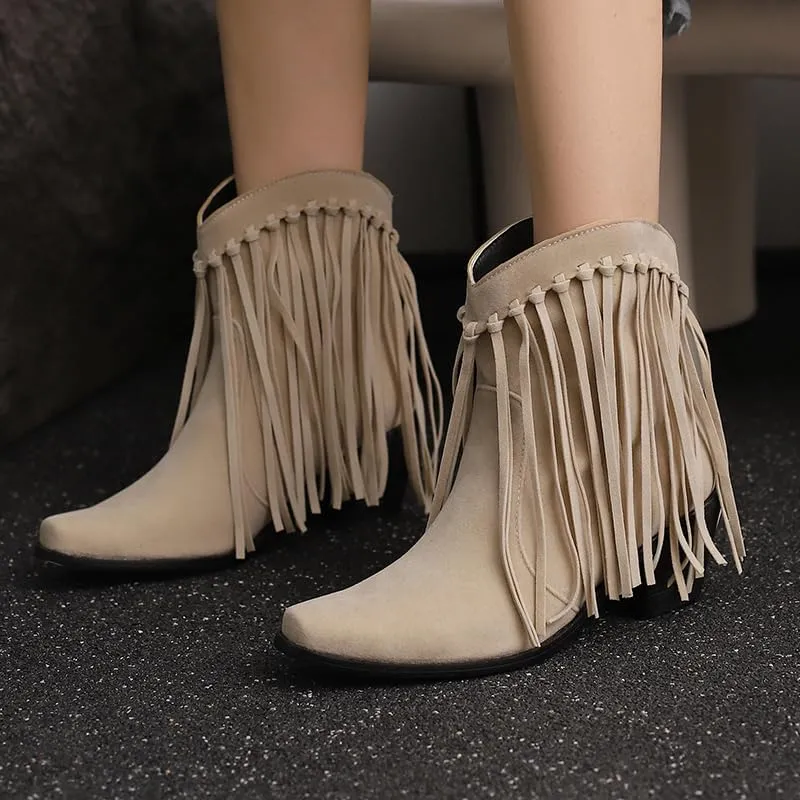 Women's Fringe Cowboy Boots Western Tassel Ankle Boots Suede Chunky Block Heel Square Toe Short Booties