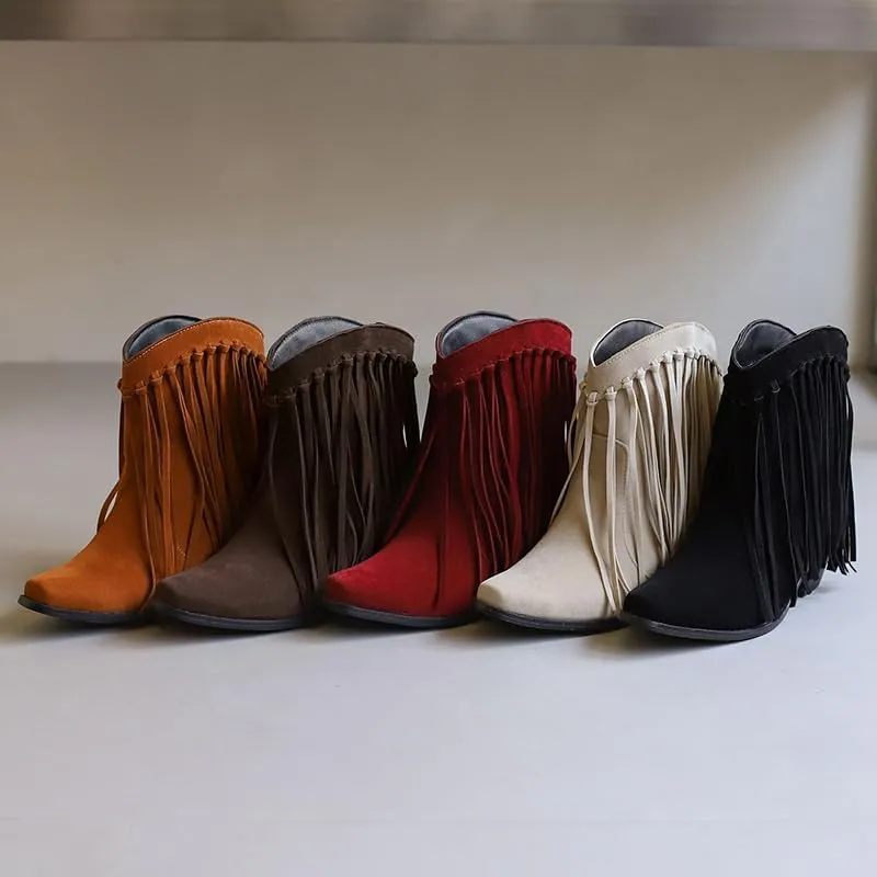 Women's Fringe Cowboy Boots Western Tassel Ankle Boots Suede Chunky Block Heel Square Toe Short Booties