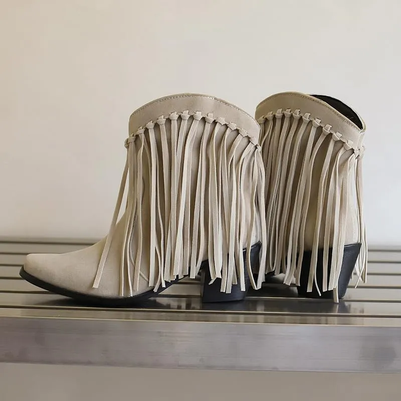Women's Fringe Cowboy Boots Western Tassel Ankle Boots Suede Chunky Block Heel Square Toe Short Booties