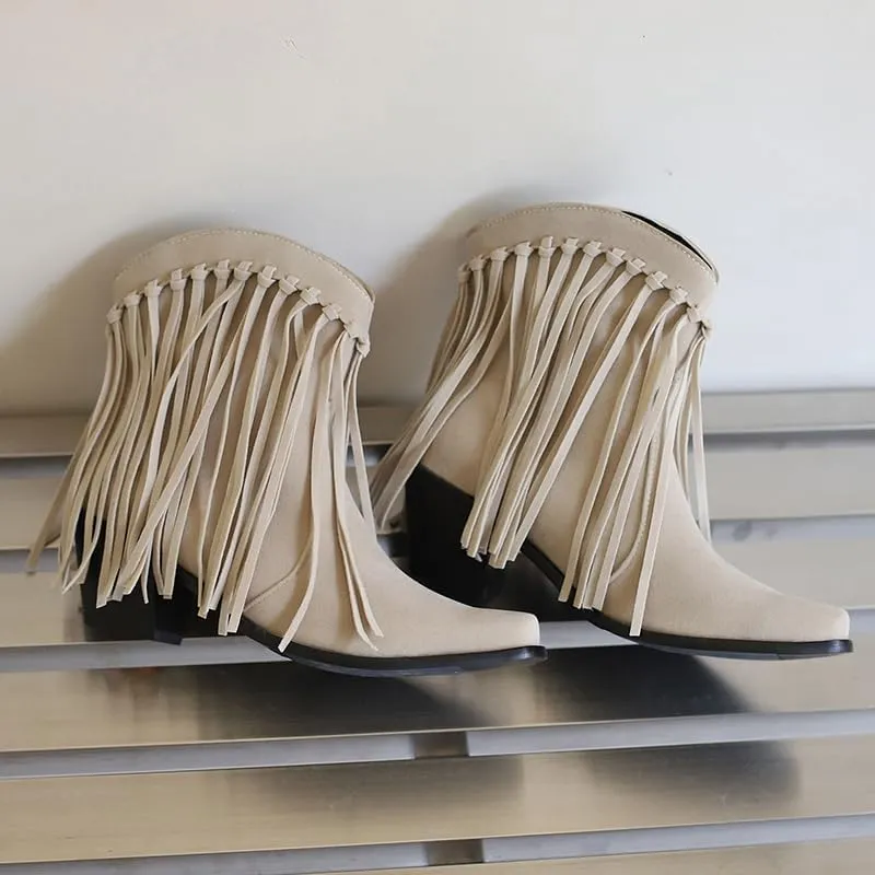 Women's Fringe Cowboy Boots Western Tassel Ankle Boots Suede Chunky Block Heel Square Toe Short Booties