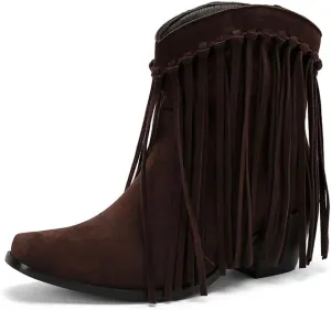 Women's Fringe Cowboy Boots Western Tassel Ankle Boots Suede Chunky Block Heel Square Toe Short Booties