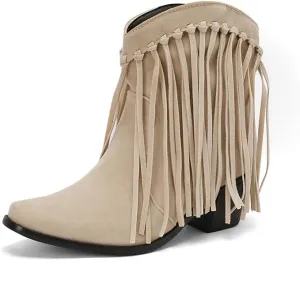 Women's Fringe Cowboy Boots Western Tassel Ankle Boots Suede Chunky Block Heel Square Toe Short Booties
