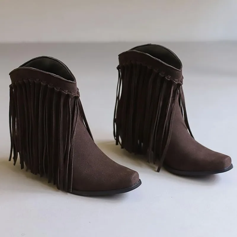 Women's Fringe Cowboy Boots Western Tassel Ankle Boots Suede Chunky Block Heel Square Toe Short Booties