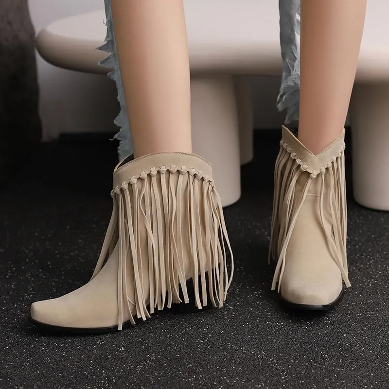 Women's Fringe Cowboy Boots Western Tassel Ankle Boots Suede Chunky Block Heel Square Toe Short Booties