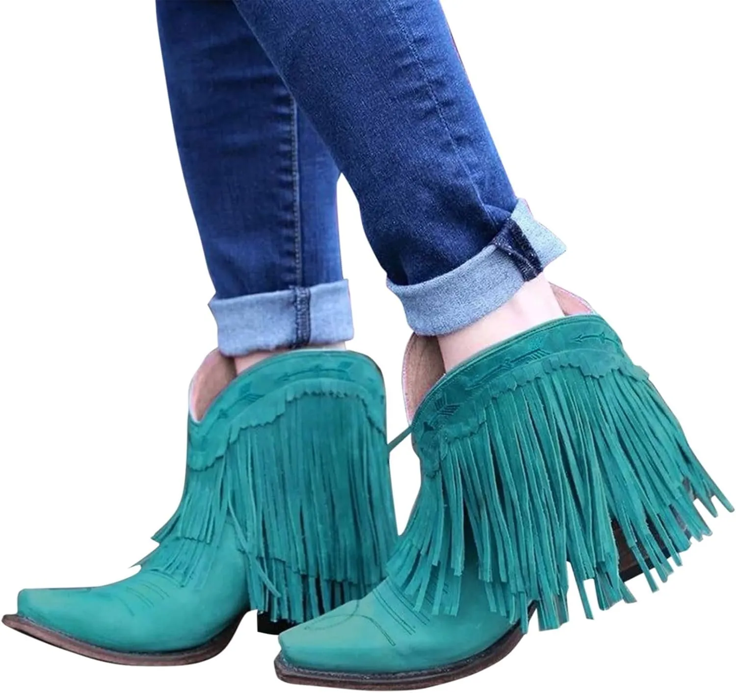 Women's Fringe Western Boot - Ankle Boots for Women Chunky Low Heel Almond Toe Slip on Western Booties Fashion Vintage Tassel Boots Slip On Chelsea Pump Ankle Booties Walking Short Boots