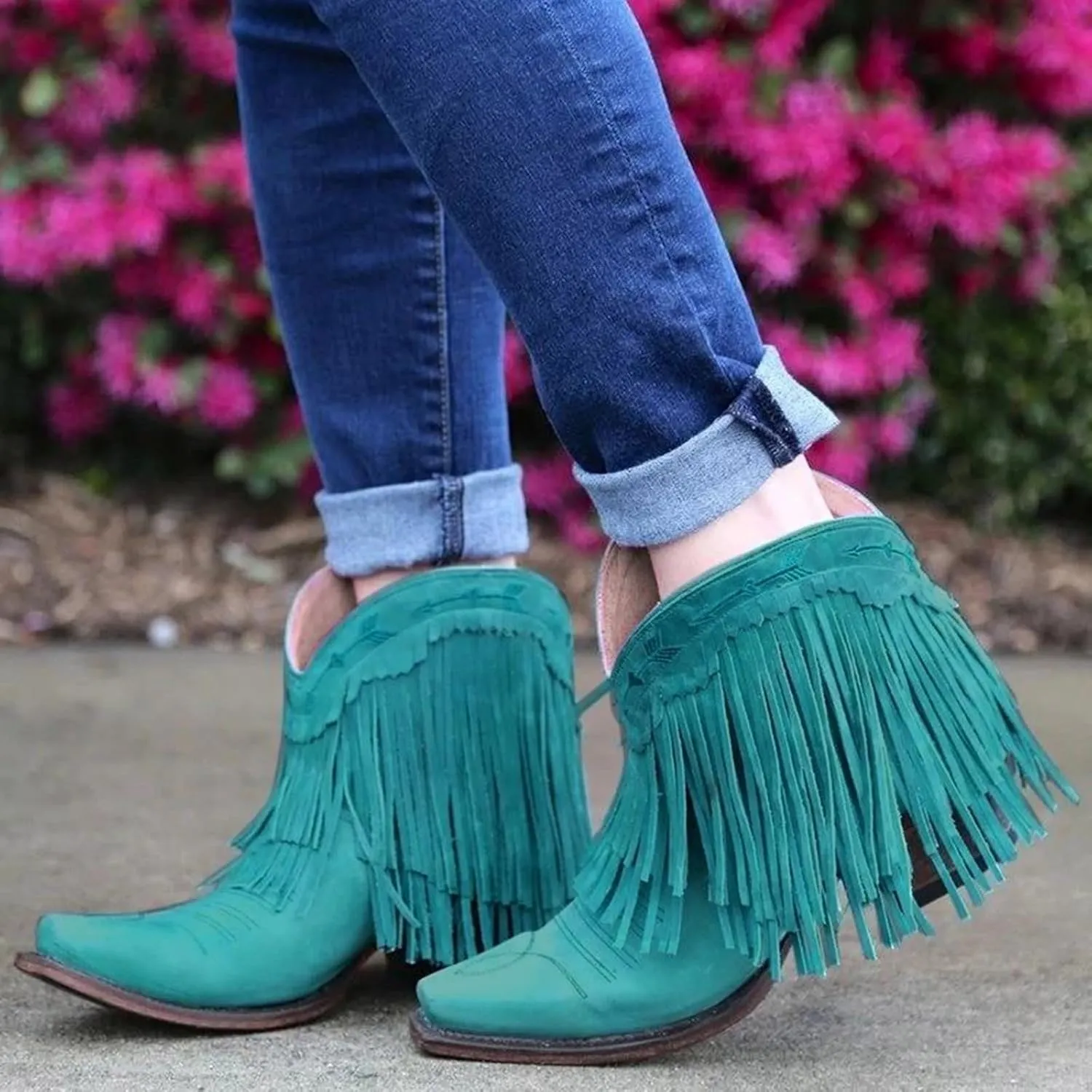 Women's Fringe Western Boot - Ankle Boots for Women Chunky Low Heel Almond Toe Slip on Western Booties Fashion Vintage Tassel Boots Slip On Chelsea Pump Ankle Booties Walking Short Boots