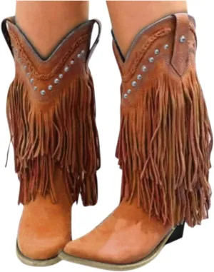 Women's Fringe Western Boots Wide Calf Riding Cowgirl Cowboy Boots with Rivets Tassel Western Booties Low Heel Fringe Boots Cowgirl Boots Pointy Toe Winter Boots Pull On Knight Boots