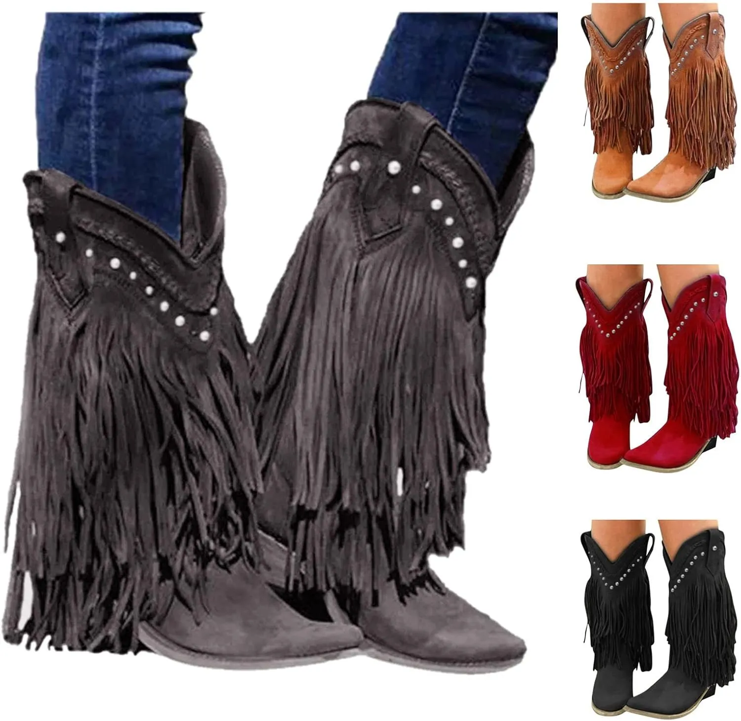 Women's Fringe Western Boots Wide Calf Riding Cowgirl Cowboy Boots with Rivets Tassel Western Booties Low Heel Fringe Boots Cowgirl Boots Pointy Toe Winter Boots Pull On Knight Boots