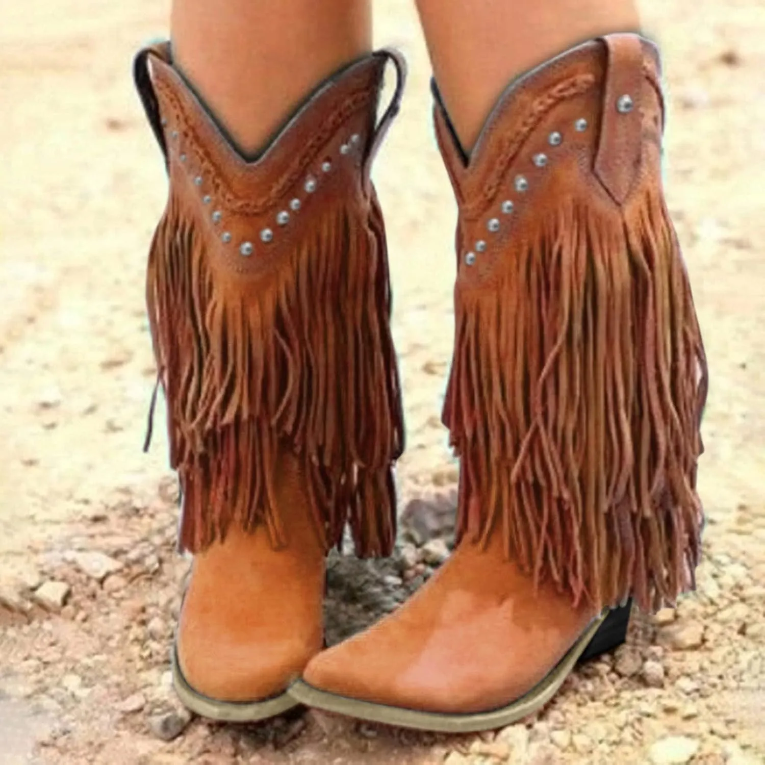 Women's Fringe Western Boots Wide Calf Riding Cowgirl Cowboy Boots with Rivets Tassel Western Booties Low Heel Fringe Boots Cowgirl Boots Pointy Toe Winter Boots Pull On Knight Boots