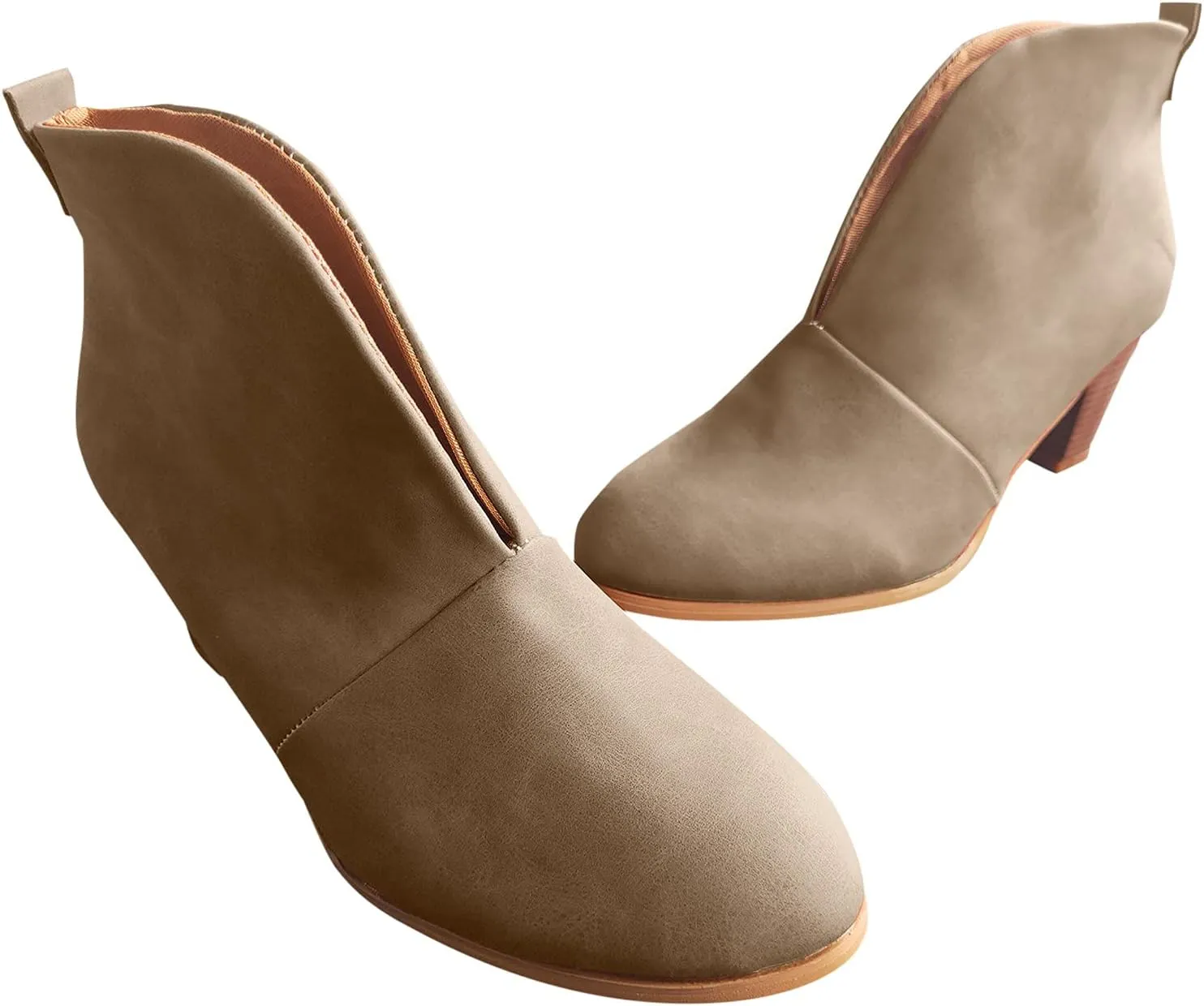 Women’s Front Deep V Cut Out Ankle Boots Slip on Lightweight Comfort Non-slip Middle Chunky Heel Booties for Women Casual Footwear