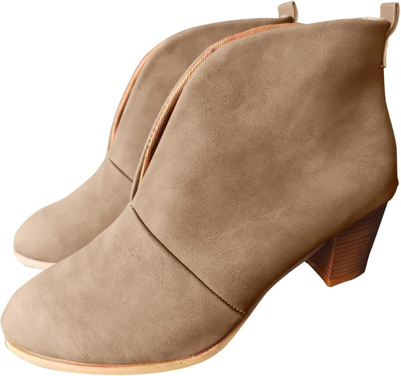 Women’s Front Deep V Cut Out Ankle Boots Slip on Lightweight Comfort Non-slip Middle Chunky Heel Booties for Women Casual Footwear