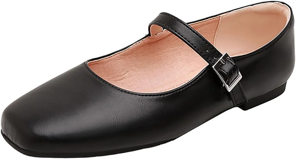 Women's Genuine Leather Square Toe Flat Shoes,Soft Ankle Strap Flat Mary Jane Shoes,Comfortable Dressy Ballet Flats,Casual Work Flat Dress Shoes