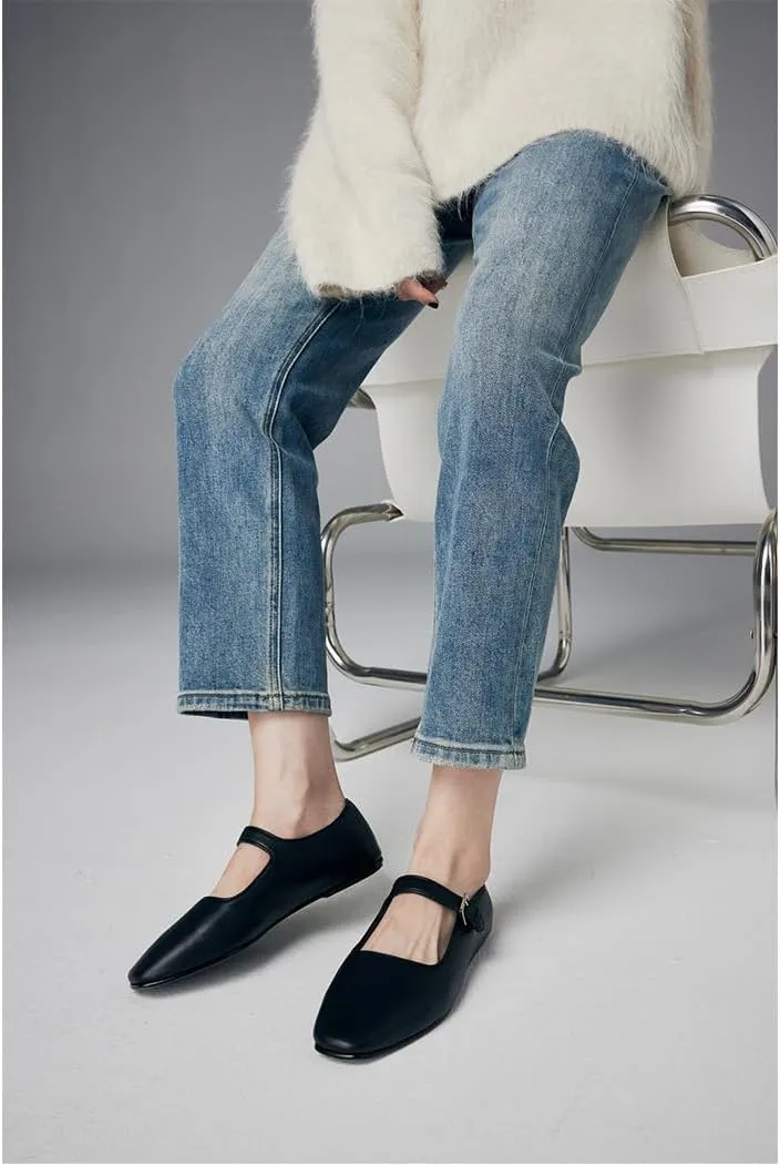 Women's Genuine Leather Square Toe Flat Shoes,Soft Ankle Strap Flat Mary Jane Shoes,Comfortable Dressy Ballet Flats,Casual Work Flat Dress Shoes