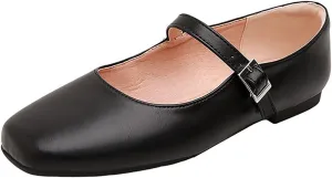 Women's Genuine Leather Square Toe Flat Shoes,Soft Ankle Strap Flat Mary Jane Shoes,Comfortable Dressy Ballet Flats,Casual Work Flat Dress Shoes