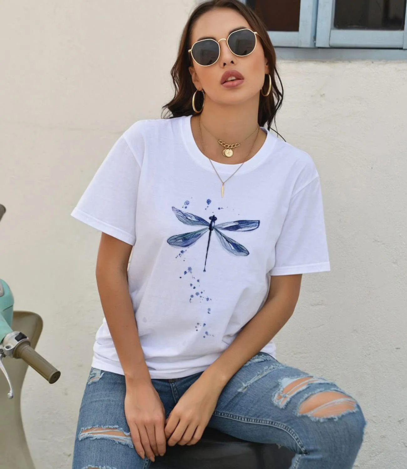 Women's Graphic Tees Casual Summer Funny Dragonfly Printed Short Sleeve Cute T Shirts Tops