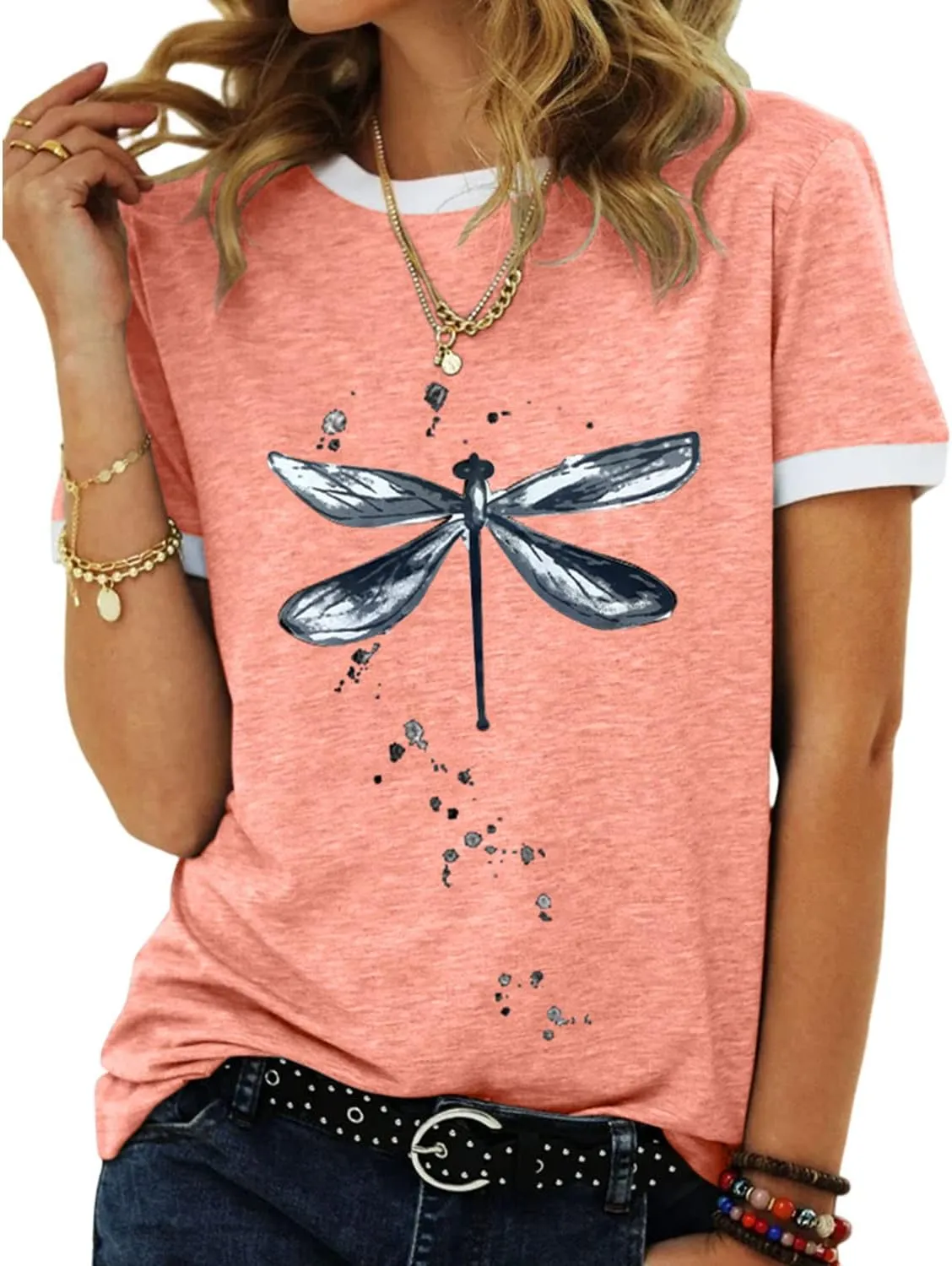 Women's Graphic Tees Casual Summer Funny Dragonfly Printed Short Sleeve Cute T Shirts Tops