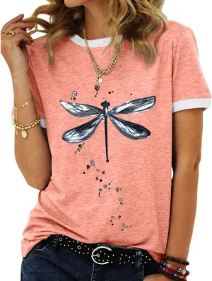 Women's Graphic Tees Casual Summer Funny Dragonfly Printed Short Sleeve Cute T Shirts Tops