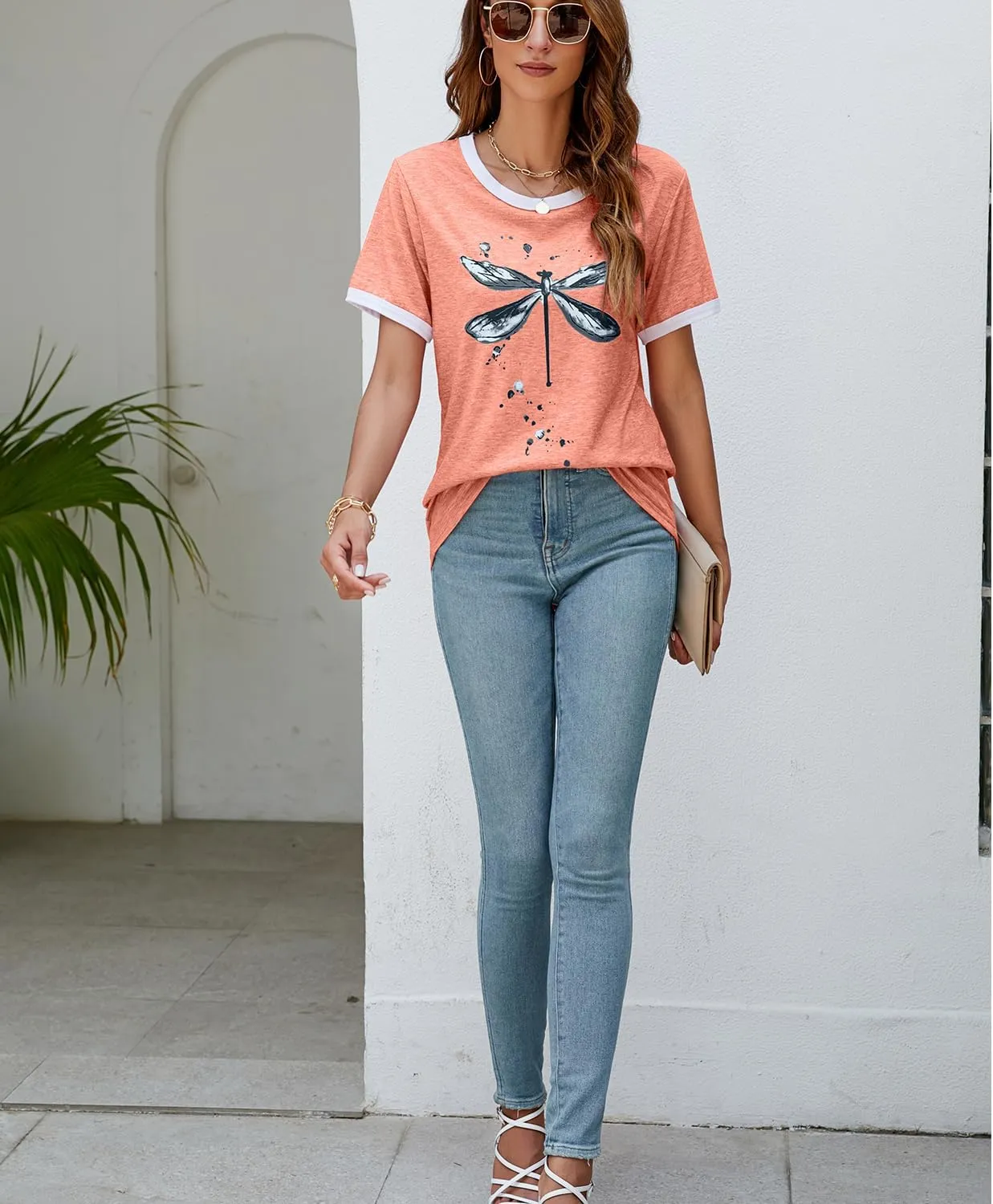Women's Graphic Tees Casual Summer Funny Dragonfly Printed Short Sleeve Cute T Shirts Tops