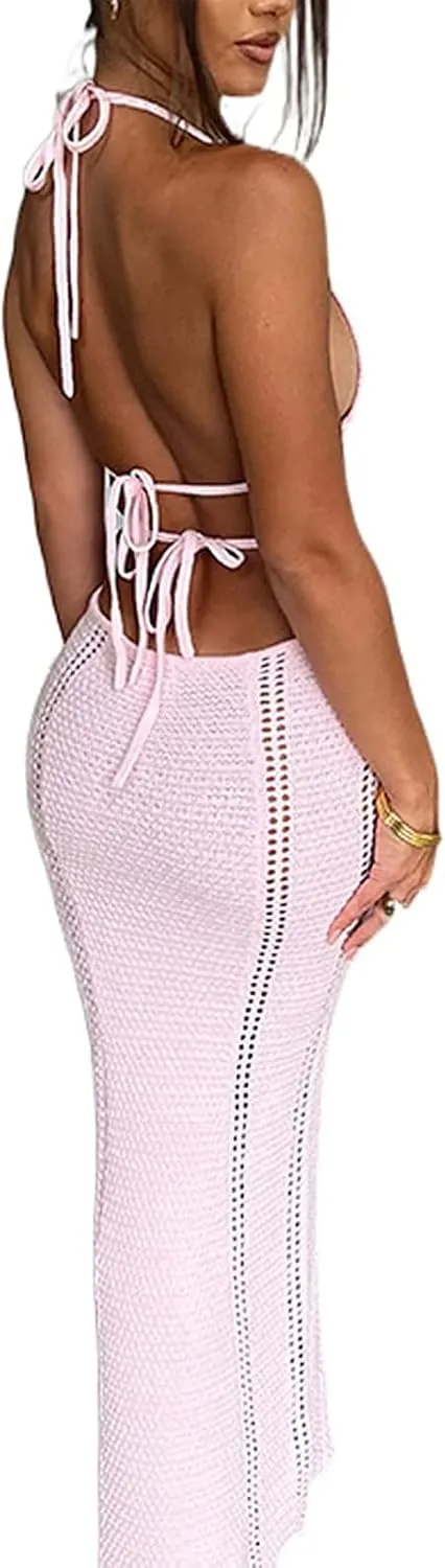 Women's Halter Knit Crochet Maxi Dress Sexy Backless Deep V Neck Hollow Out Long Dress Summer Beach Vacation Dress