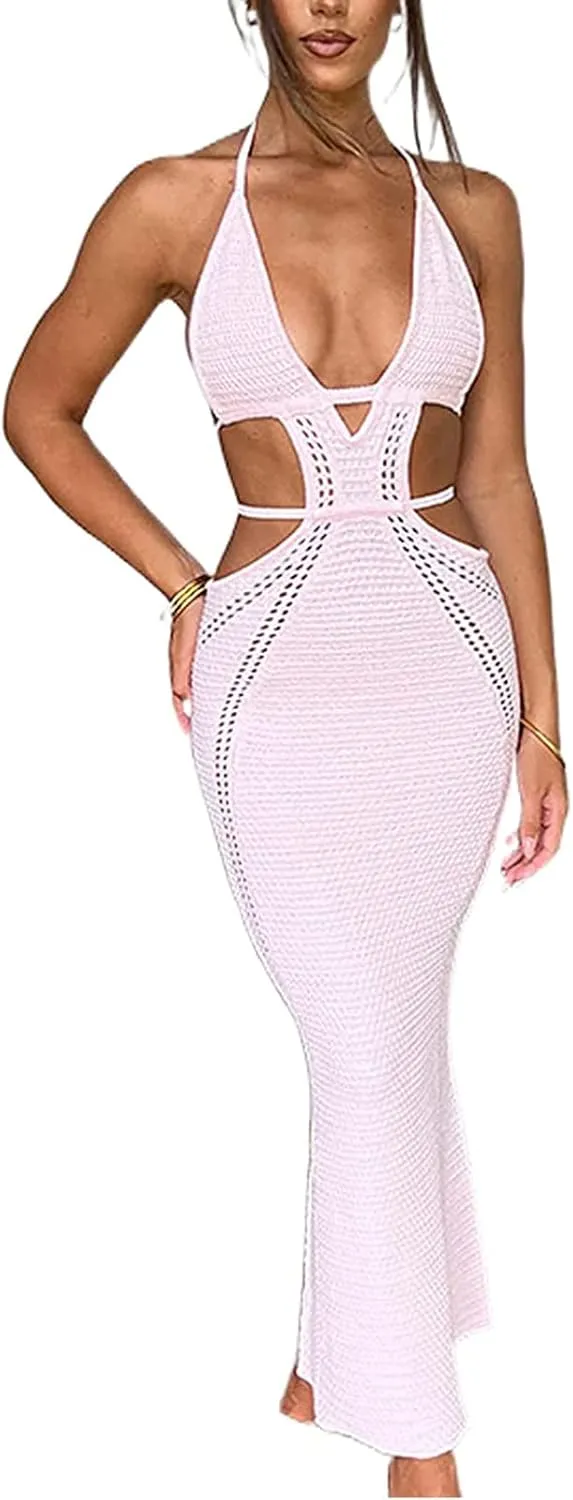 Women's Halter Knit Crochet Maxi Dress Sexy Backless Deep V Neck Hollow Out Long Dress Summer Beach Vacation Dress