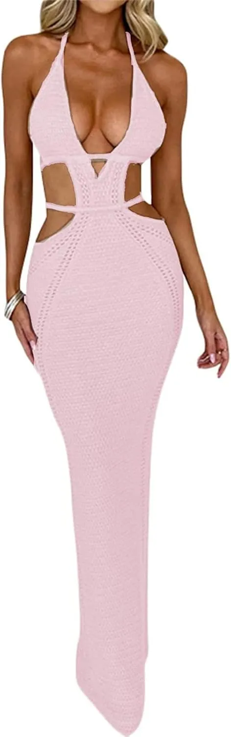 Women's Halter Knit Crochet Maxi Dress Sexy Backless Deep V Neck Hollow Out Long Dress Summer Beach Vacation Dress