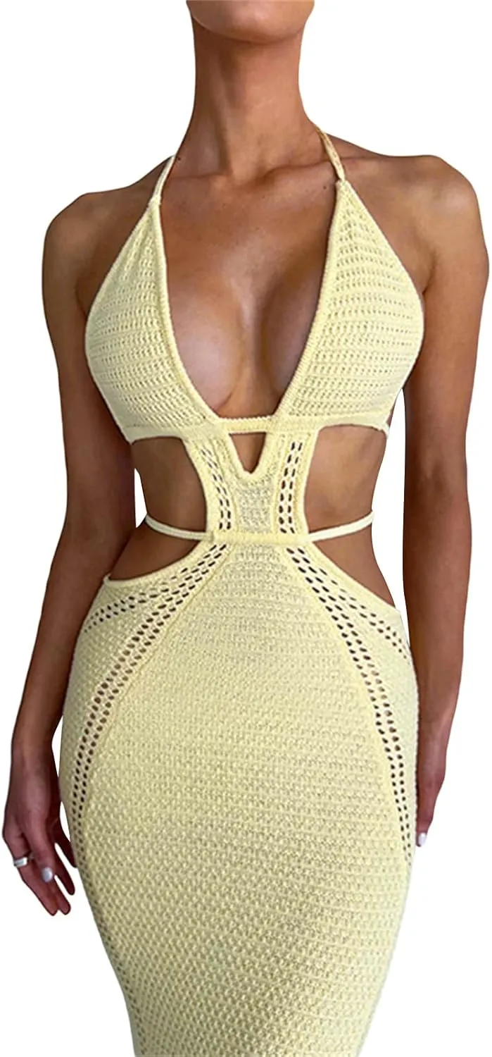 Women's Halter Knit Crochet Maxi Dress Sexy Backless Deep V Neck Hollow Out Long Dress Summer Beach Vacation Dress