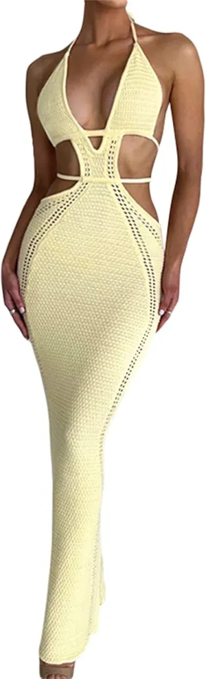 Women's Halter Knit Crochet Maxi Dress Sexy Backless Deep V Neck Hollow Out Long Dress Summer Beach Vacation Dress