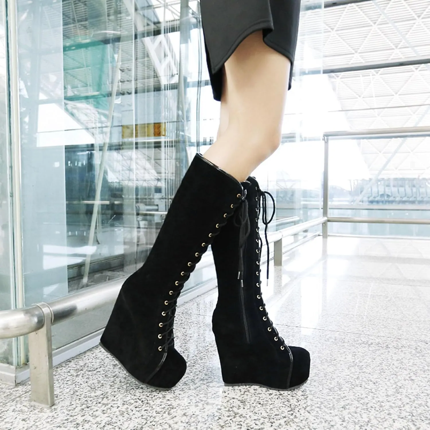 Womens Hidden Wedge Knee High Lace Up Platform Boots with Zip