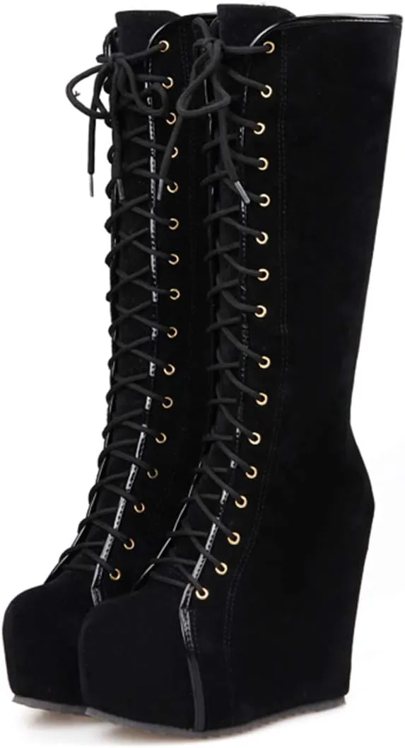 Womens Hidden Wedge Knee High Lace Up Platform Boots with Zip