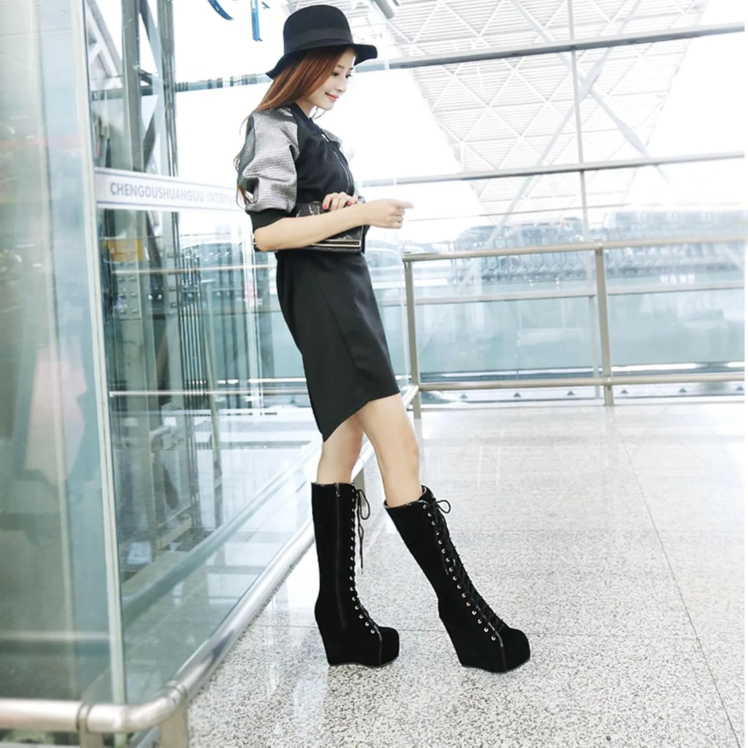 Womens Hidden Wedge Knee High Lace Up Platform Boots with Zip