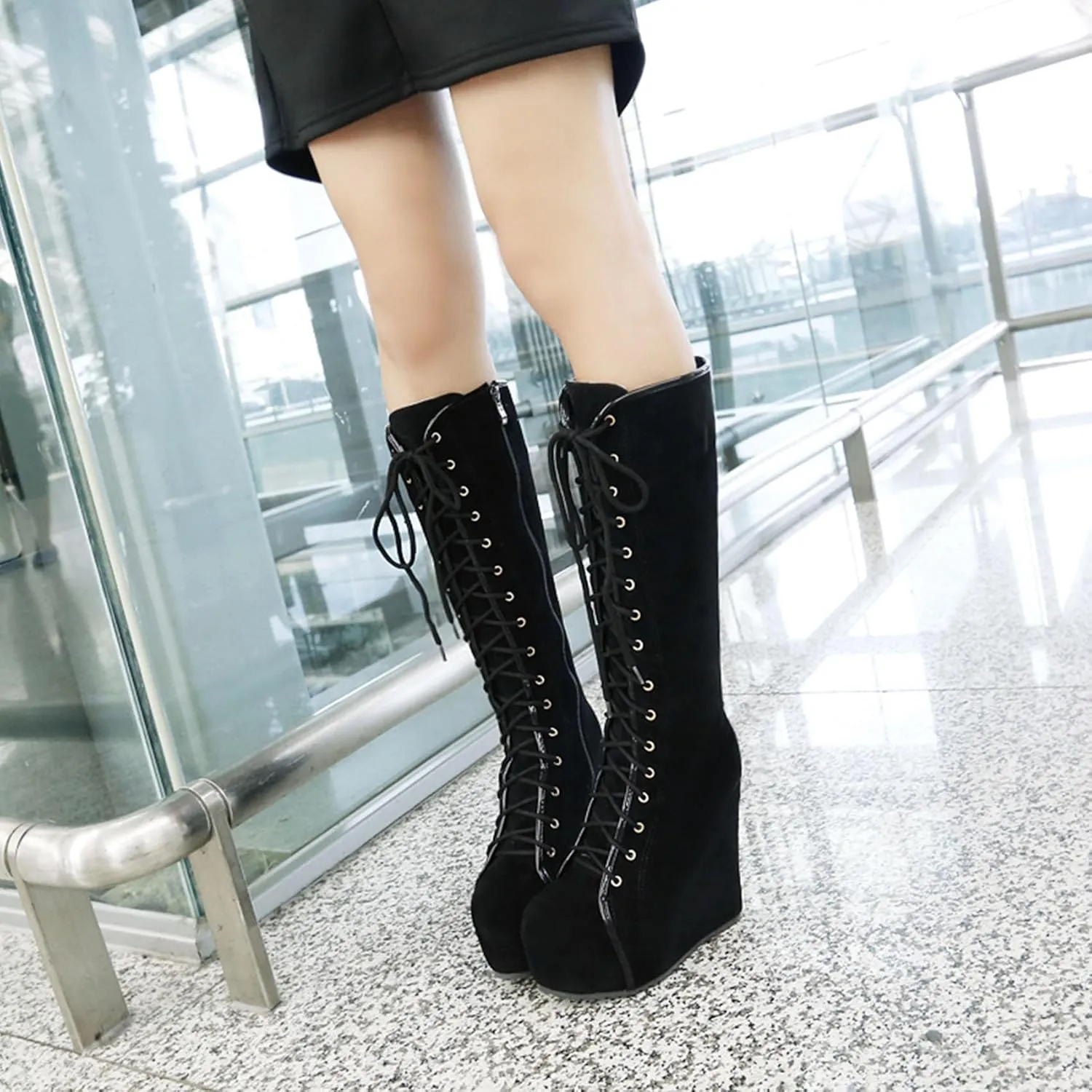 Womens Hidden Wedge Knee High Lace Up Platform Boots with Zip