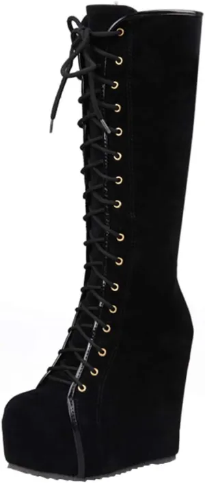 Womens Hidden Wedge Knee High Lace Up Platform Boots with Zip