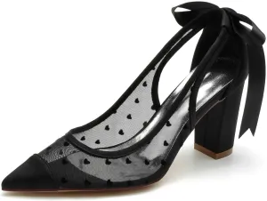 Women's High Heel Slip-On Mary Jane Pump Shoes with Lace Satin & Open Toe - Pointed Heel for Classic Party, Wedding, & Dress Occasions