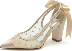 Women's High Heel Slip-On Mary Jane Pump Shoes with Lace Satin & Open Toe - Pointed Heel for Classic Party, Wedding, & Dress Occasions