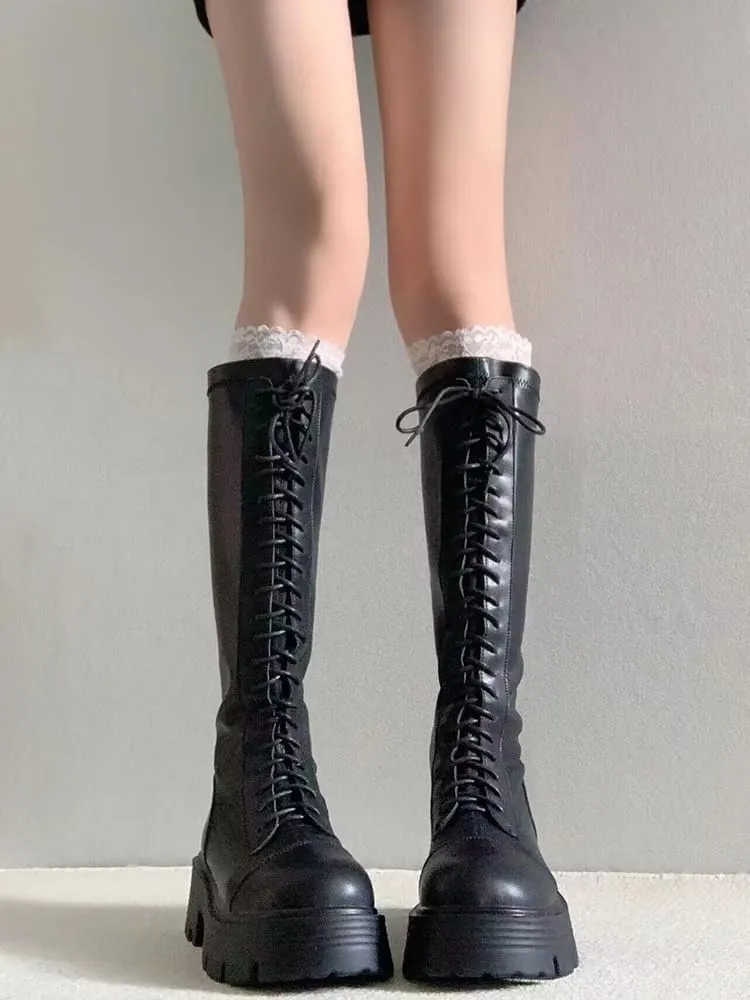 Women's Knee High Boots Goth Punk Platform Lace-up Zip Riding Boots