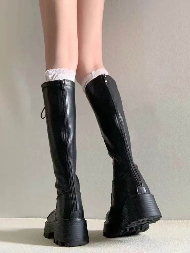 Women's Knee High Boots Goth Punk Platform Lace-up Zip Riding Boots