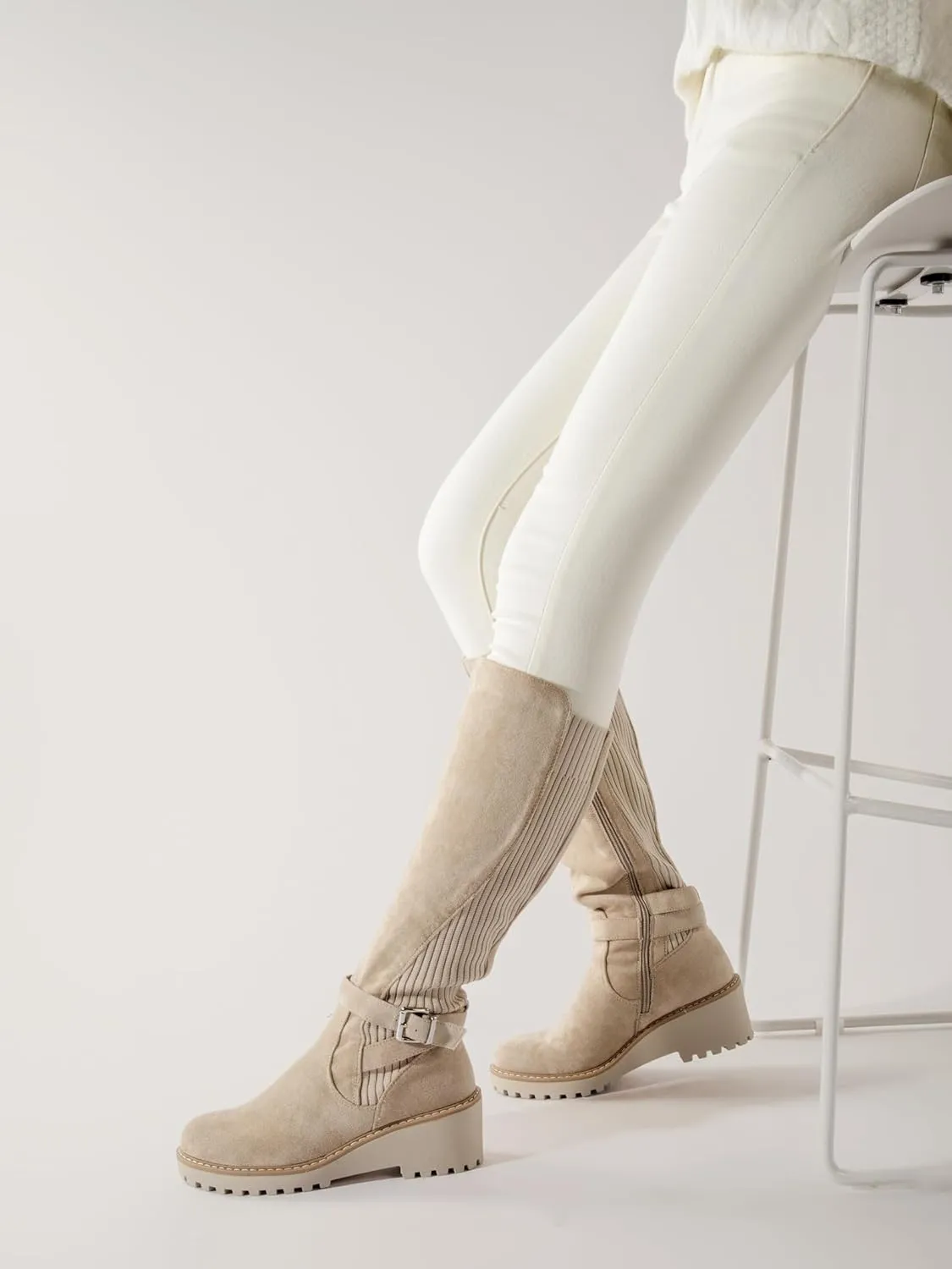 Women's Knee High Boots Tall Fall Wedges Round Toe Comfortable Size Zip with Fashion Buckles Platform Shoes for Women
