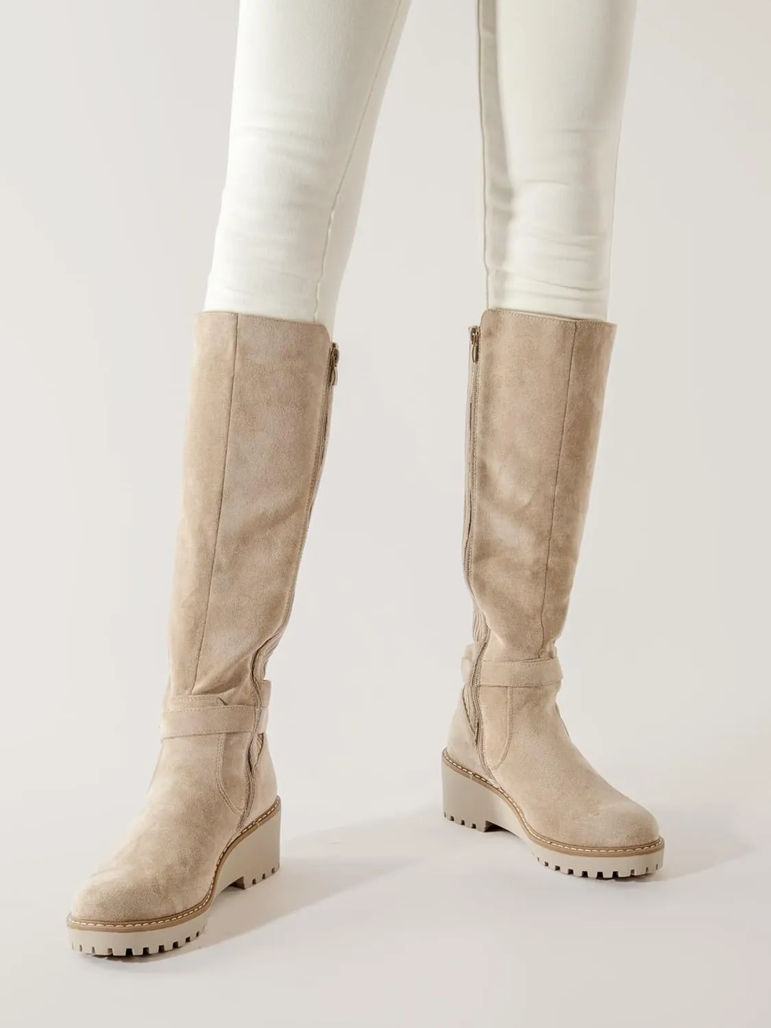 Women's Knee High Boots Tall Fall Wedges Round Toe Comfortable Size Zip with Fashion Buckles Platform Shoes for Women