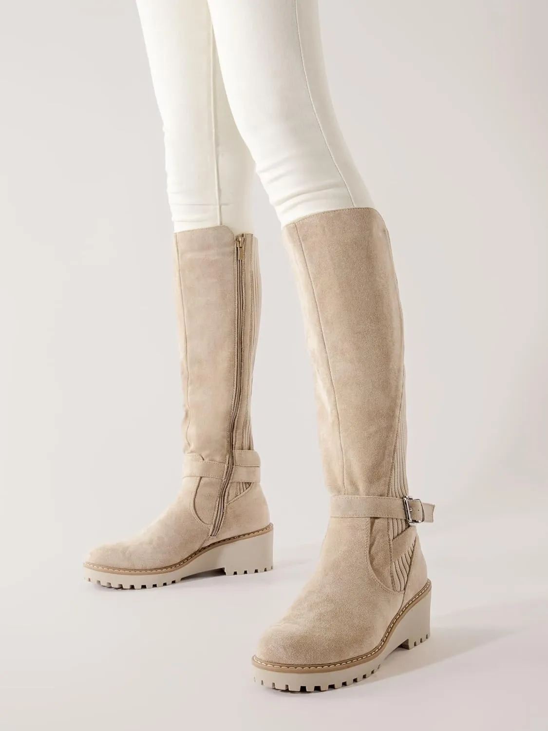 Women's Knee High Boots Tall Fall Wedges Round Toe Comfortable Size Zip with Fashion Buckles Platform Shoes for Women