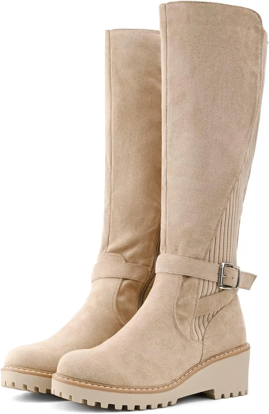Women's Knee High Boots Tall Fall Wedges Round Toe Comfortable Size Zip with Fashion Buckles Platform Shoes for Women