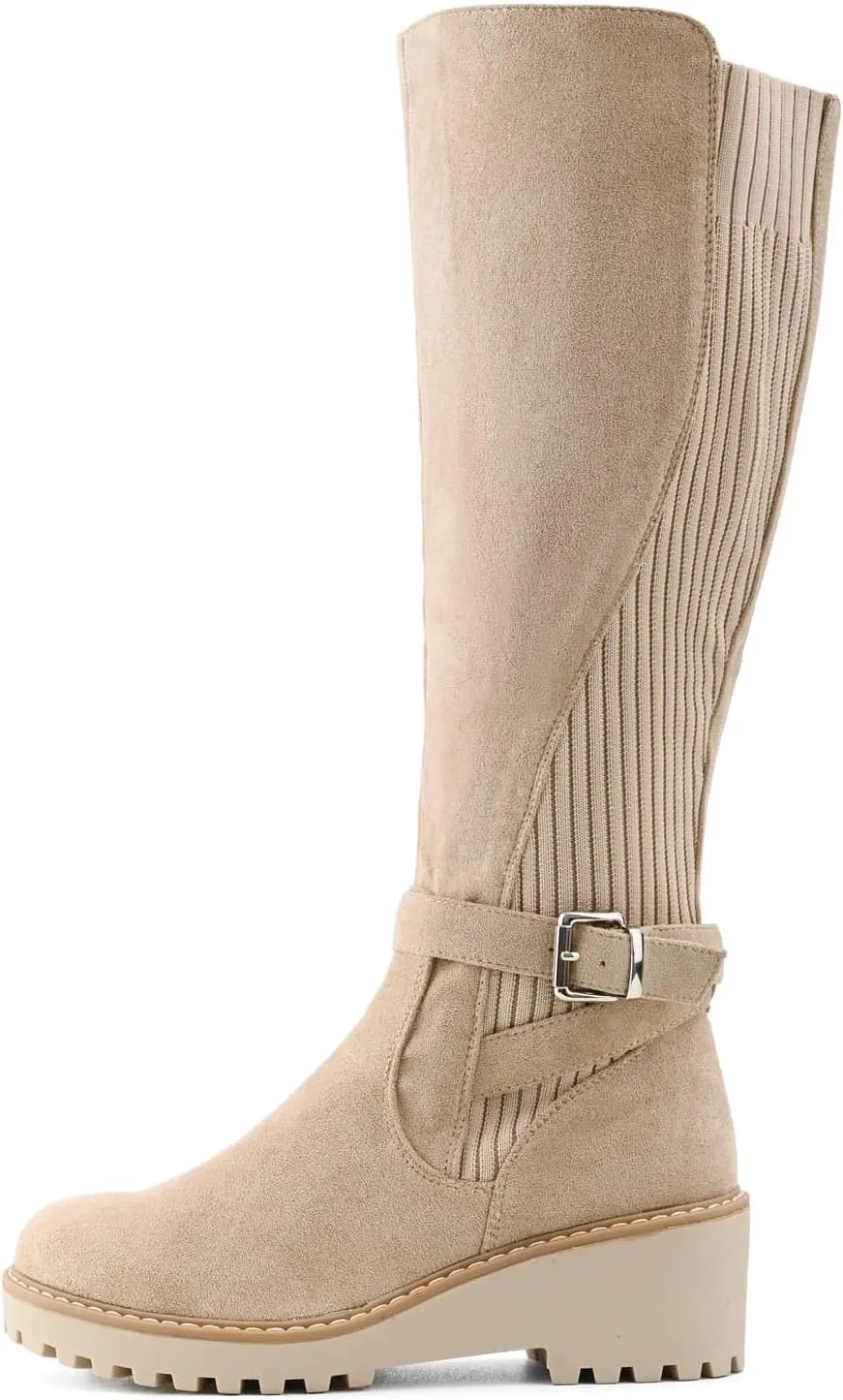 Women's Knee High Boots Tall Fall Wedges Round Toe Comfortable Size Zip with Fashion Buckles Platform Shoes for Women