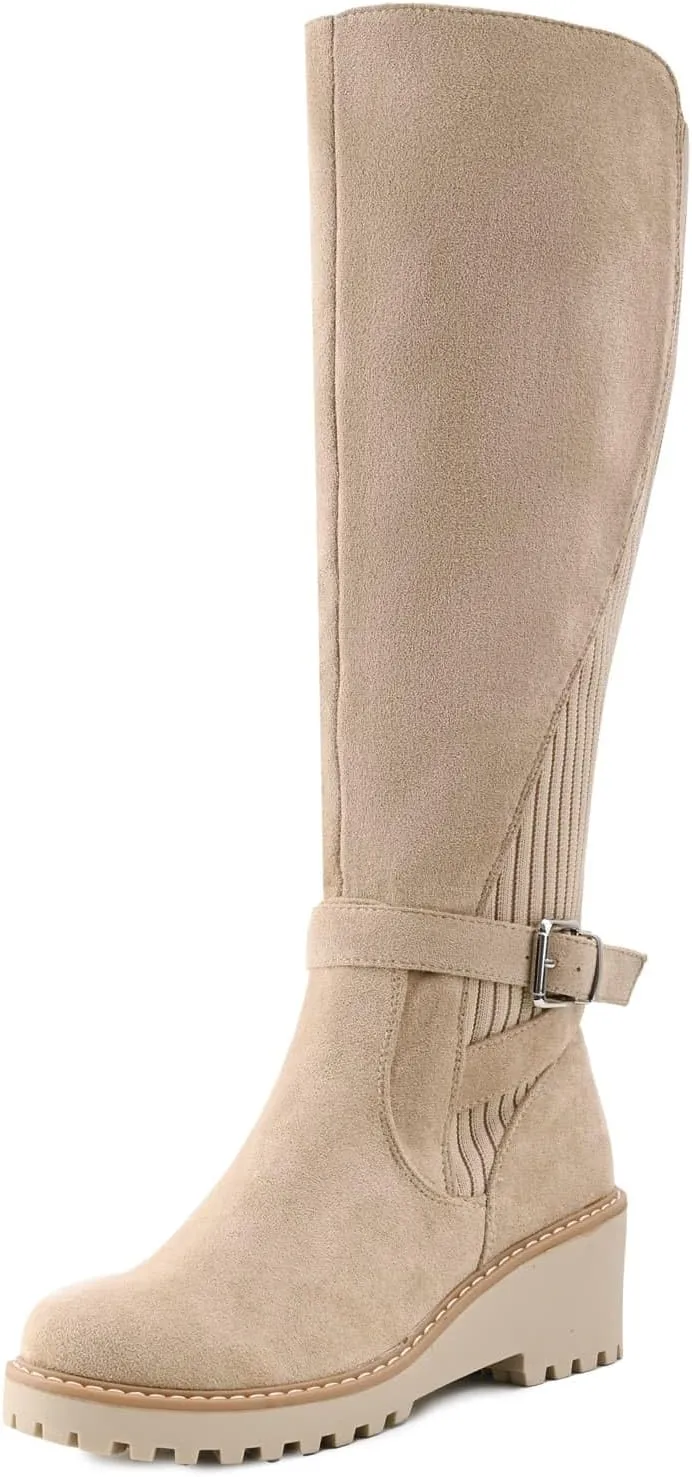 Women's Knee High Boots Tall Fall Wedges Round Toe Comfortable Size Zip with Fashion Buckles Platform Shoes for Women